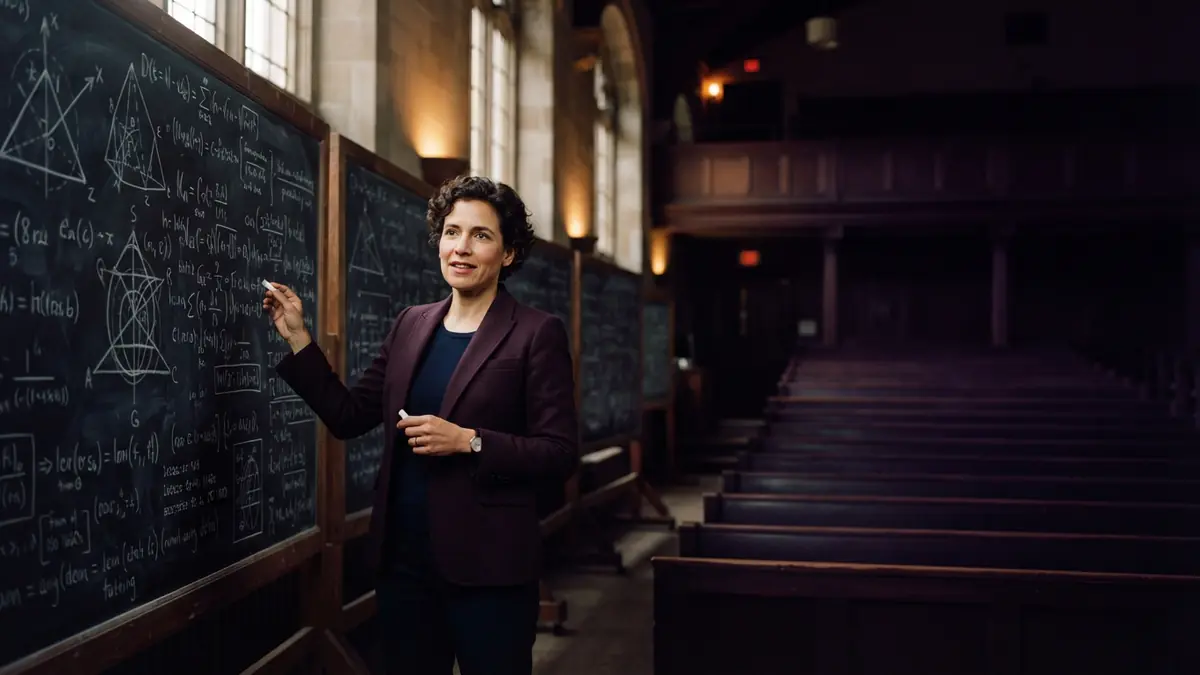 A mathematician standing in a lecture hall with dense mathematical equations and proof structures on blackboards