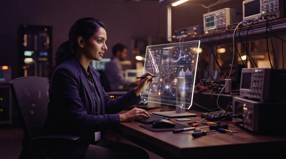 A software safety researcher analyzing model alignment diagnostics on a transparent display