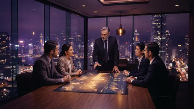 Executives reviewing enterprise financial performance charts in a modern boardroom