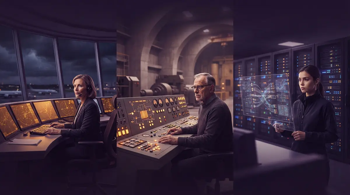 A visual juxtaposition of an industrial control room and data center infrastructure