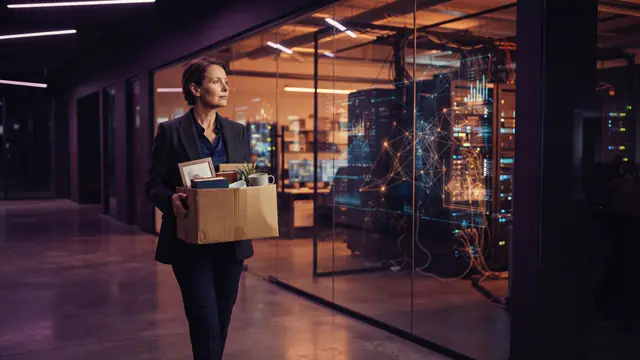 An AI researcher leaving a technology lab with personal belongings