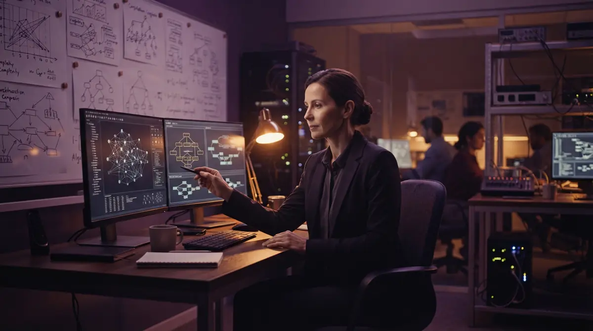Illustration of a computer science research laboratory with complexity theory diagrams
