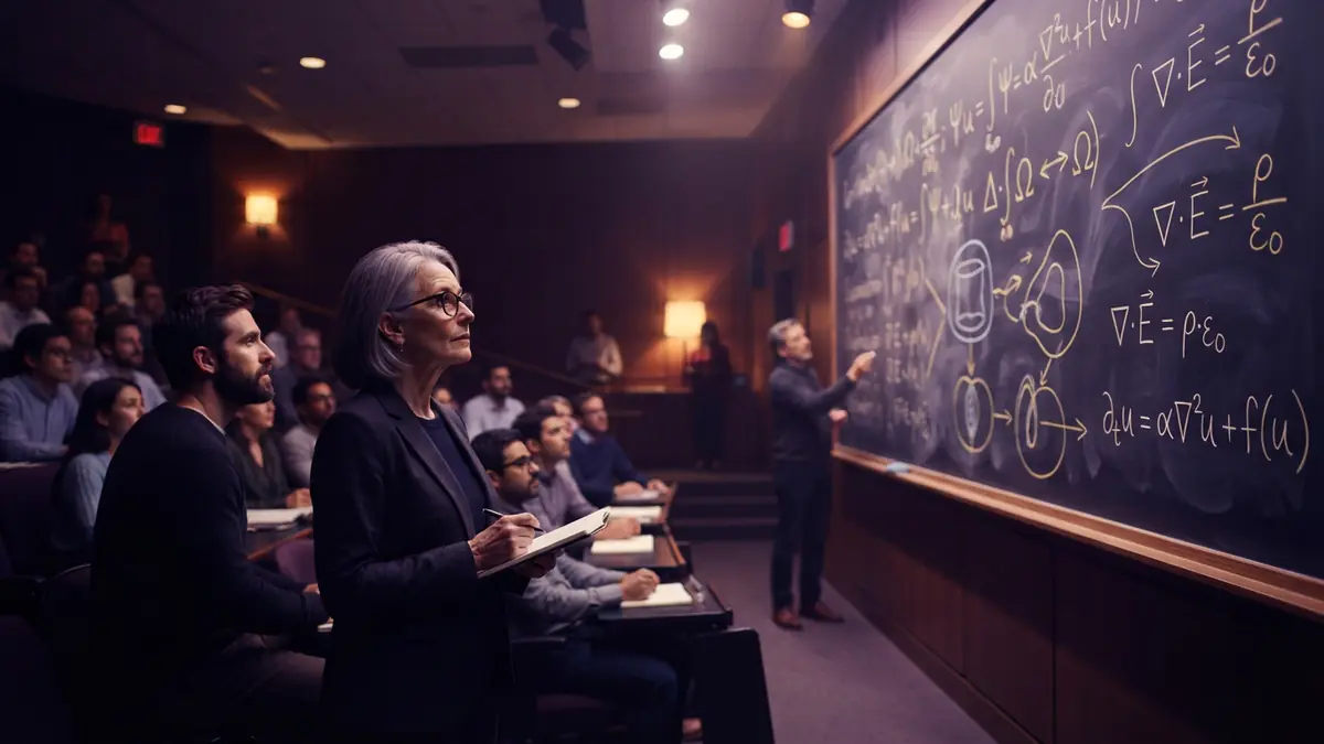 Illustration of researchers examining complex mathematical equations in a seminar room