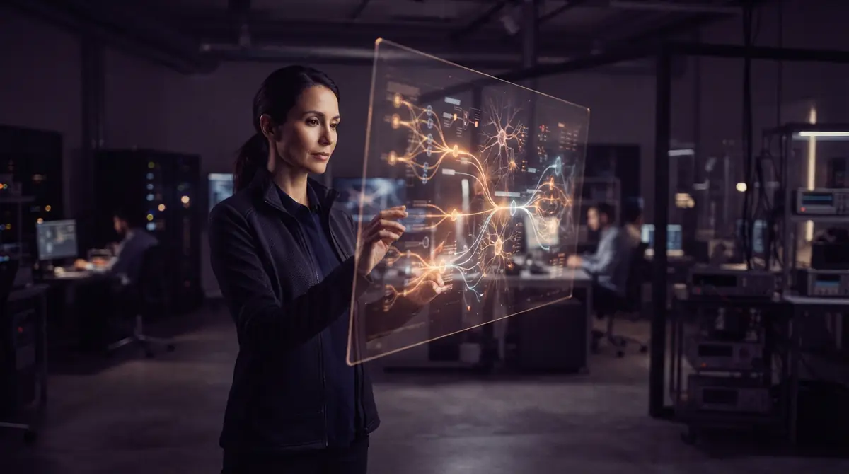 An AI-generated illustration of an AI researcher analyzing complex behavioral node graphs in a dark laboratory.