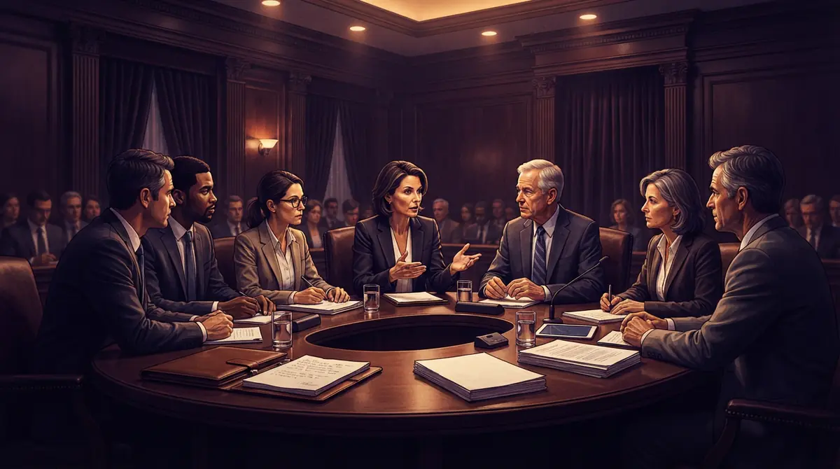 An AI-generated illustration of researchers and policymakers convening in a formal committee room to discuss technology regulations.