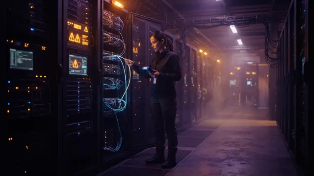 An AI-generated illustration of a secure server facility showing paused data systems and caution indicators.