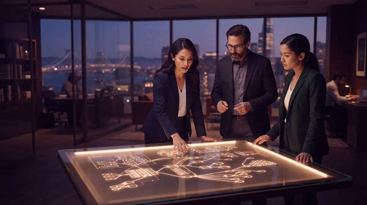 Illustration of safety researchers analyzing system diagnostics and evaluation metrics around a conference table.
