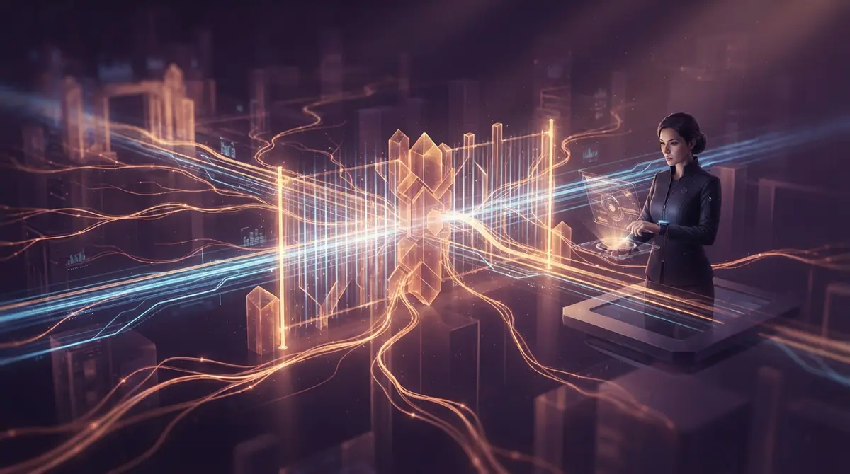 Illustration of digital data pathways attempting to extend past an illuminated security threshold.