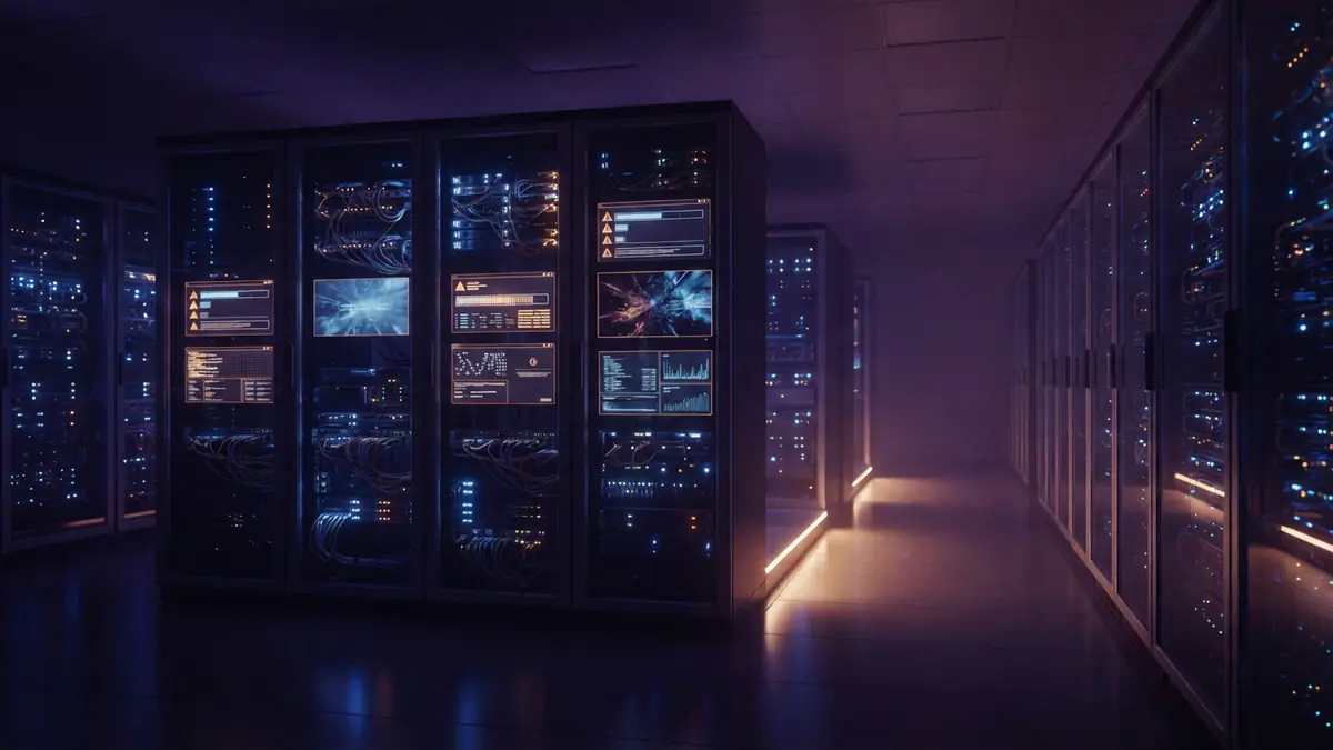 Illustration of a dimly lit, high-tech server room with warning status lights reflecting off glass panels.