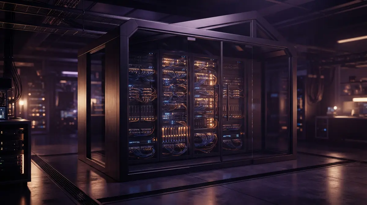 Server racks inside a secured computing laboratory representing sandboxed AI training clusters.