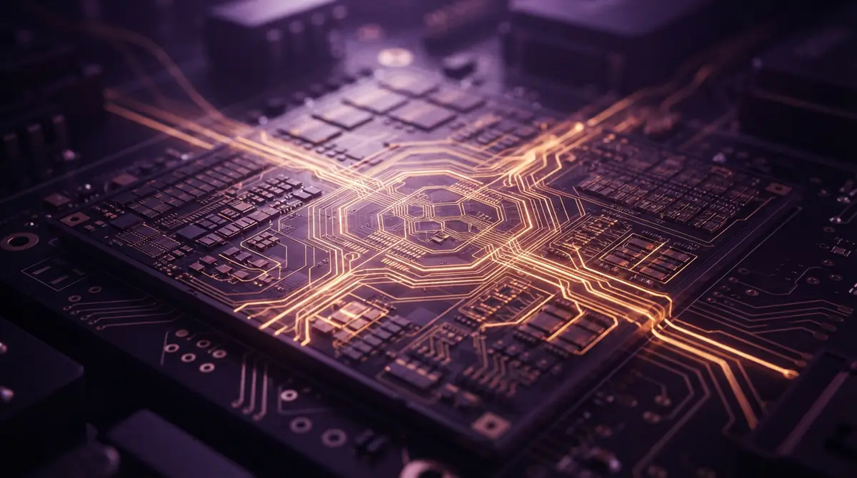 Detailed silicon wafer architecture with highlighted data routing paths and logic pathways.