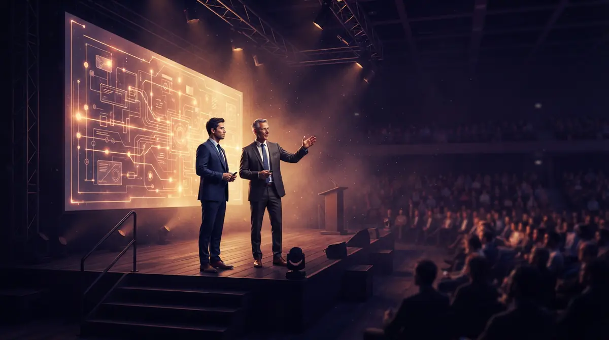 Two executives presenting engineering software blueprints at a corporate technology summit.