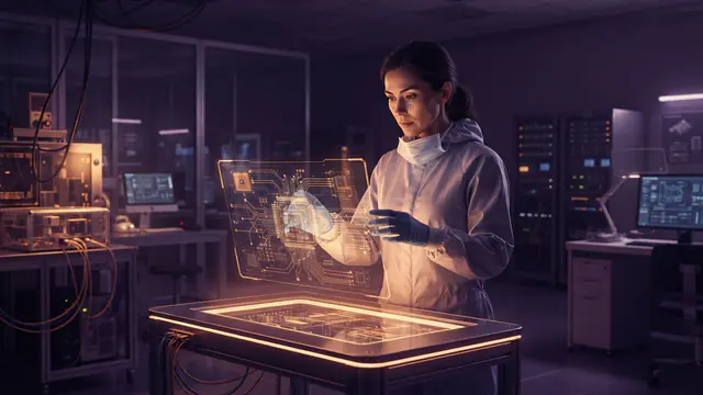 An engineer analyzing holographic microprocessor layouts in an advanced development laboratory.