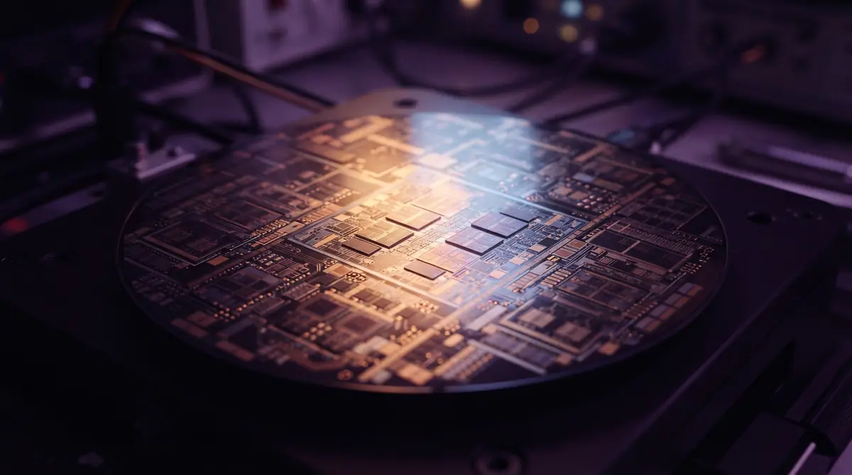 Close-up of silicon wafer surface and complex circuitry