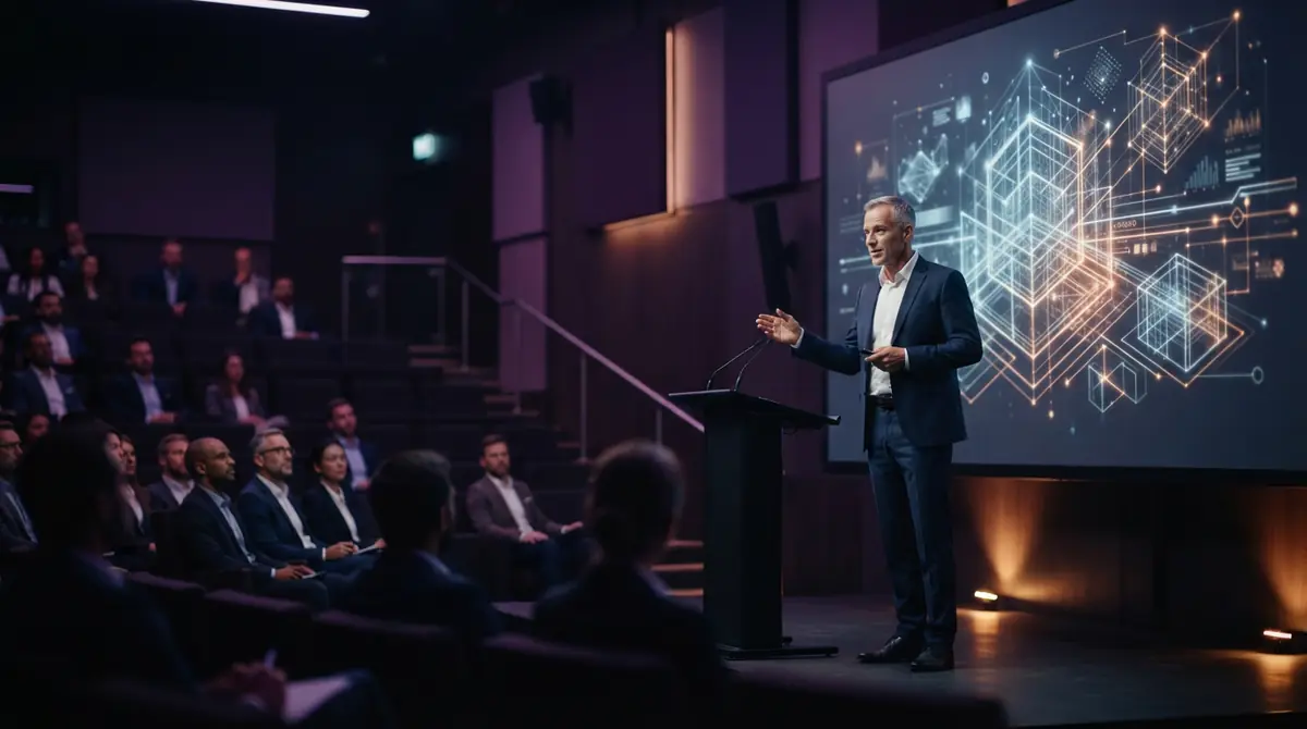 A corporate executive presenting technical data on a presentation screen