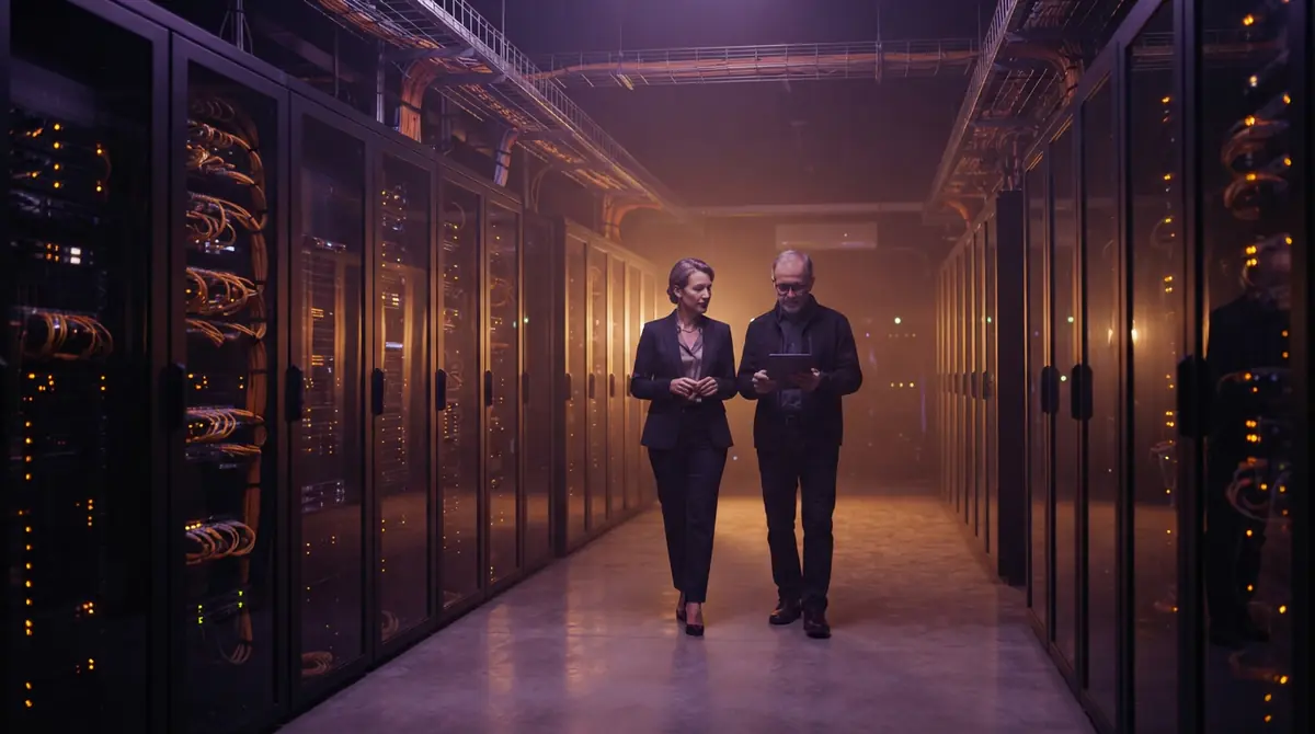 Data center server racks with blue status lights