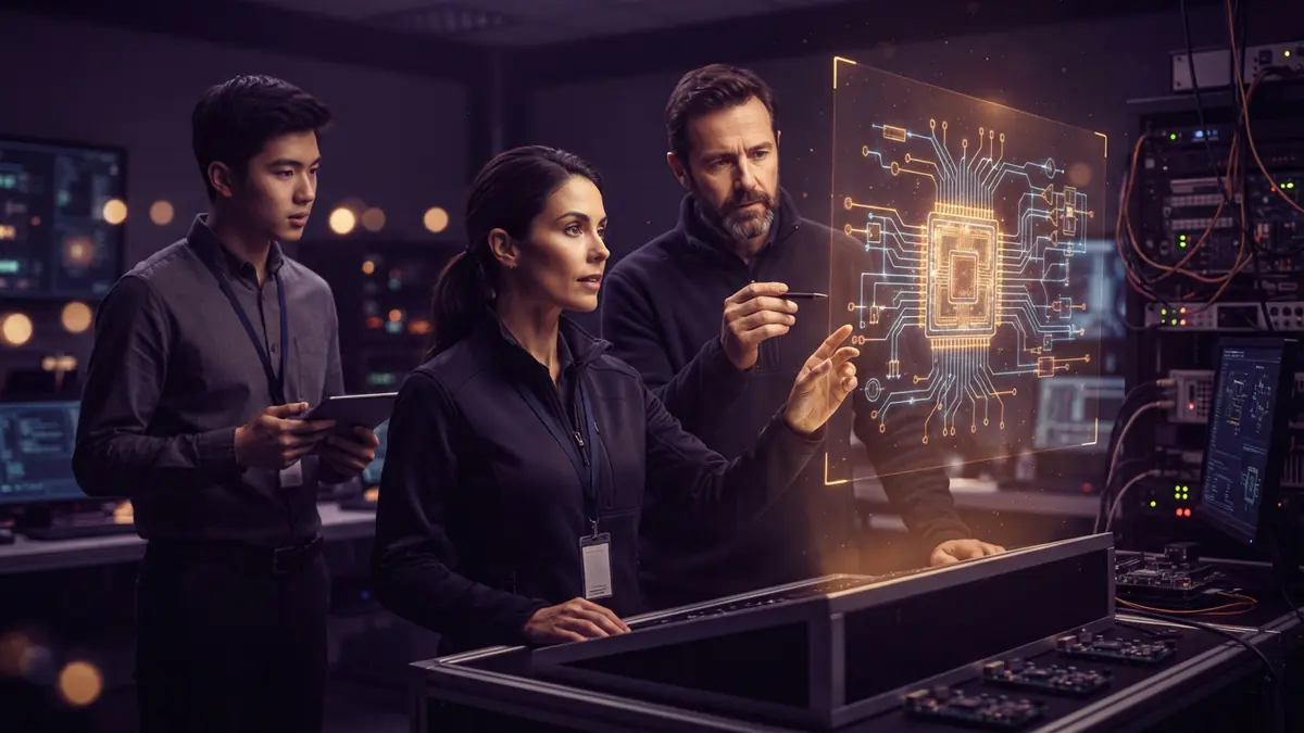 Engineers examining a digital microchip design schematic in a research lab