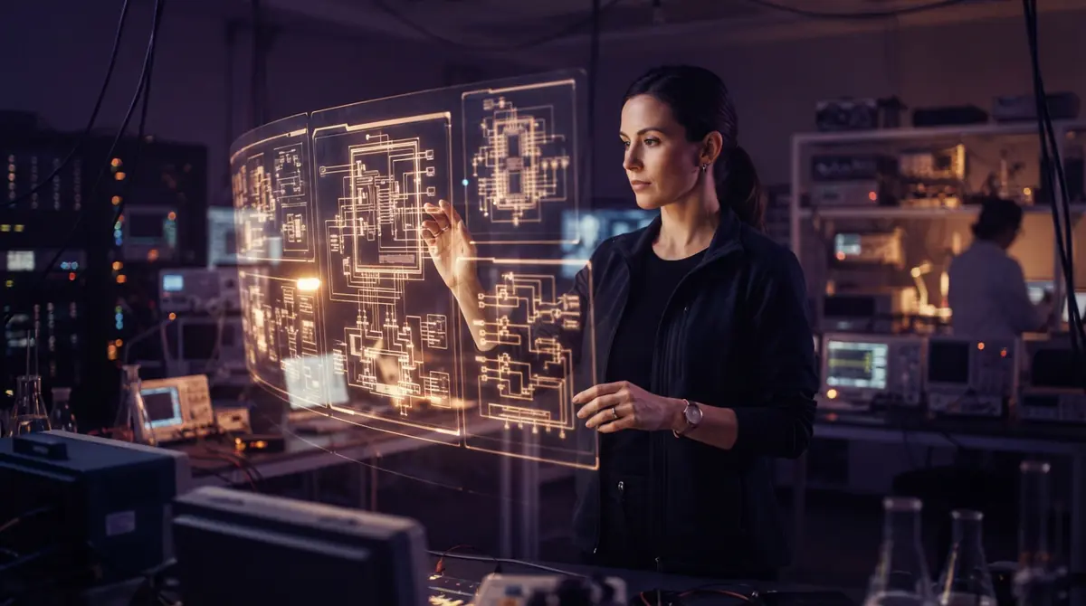 A chip engineer reviewing circuit schematics and silicon transistor layouts on computer monitors