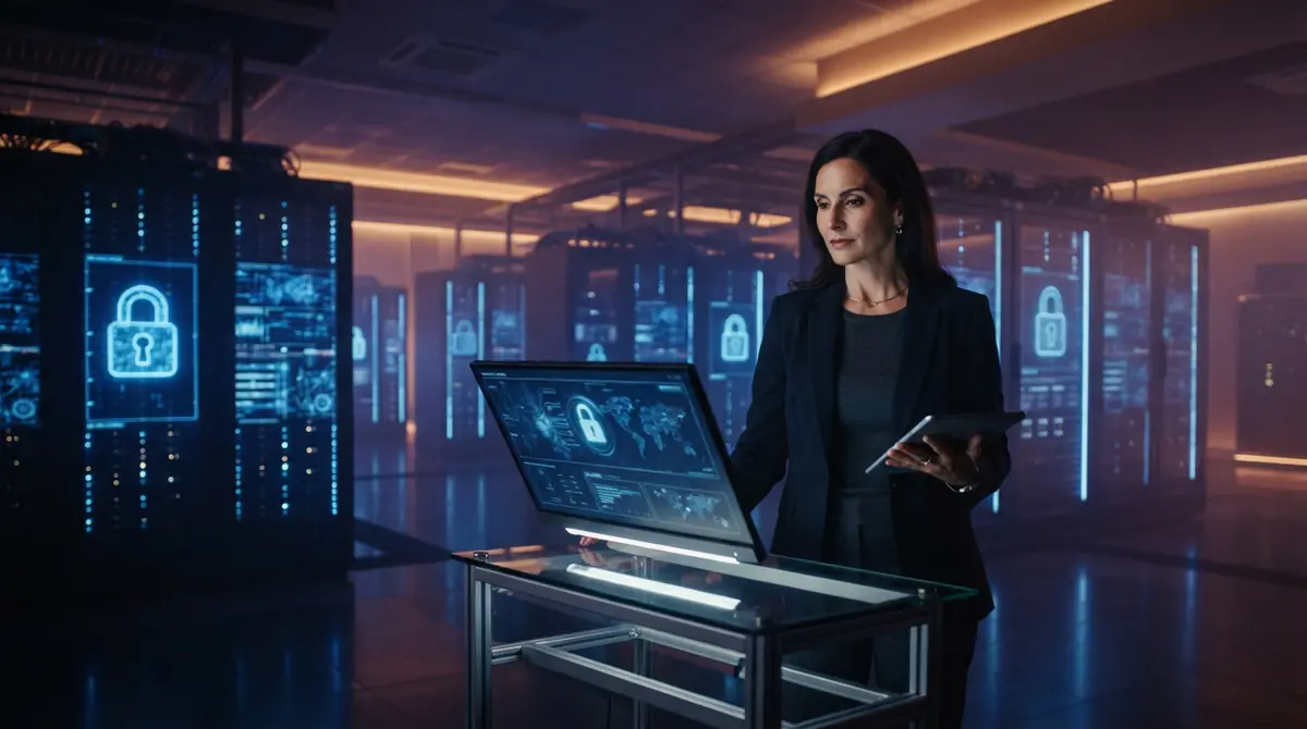 Enterprise data center server corridor with illuminated status lights symbolizing data protection