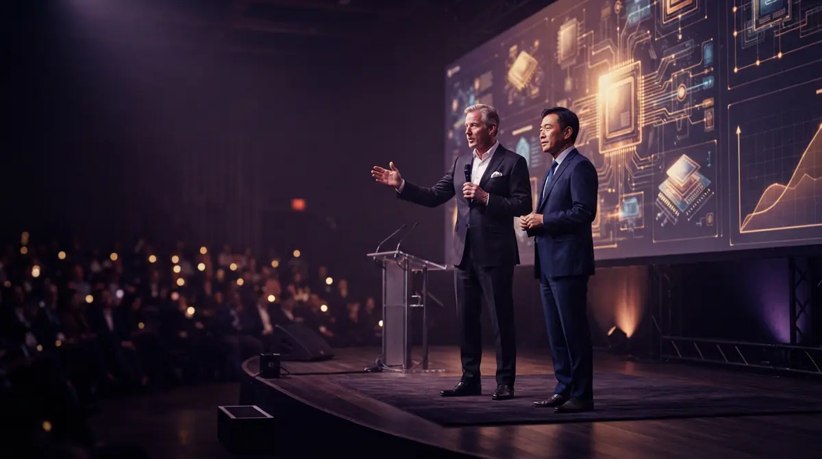Two executives presenting at an investor conference with technology diagrams in the background