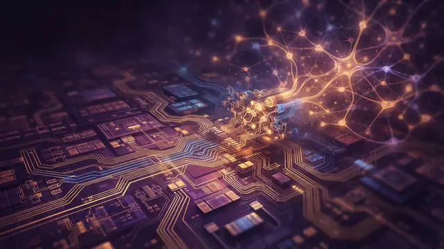 Digital conceptual illustration of microchip circuitry interconnected with computational neural network lines