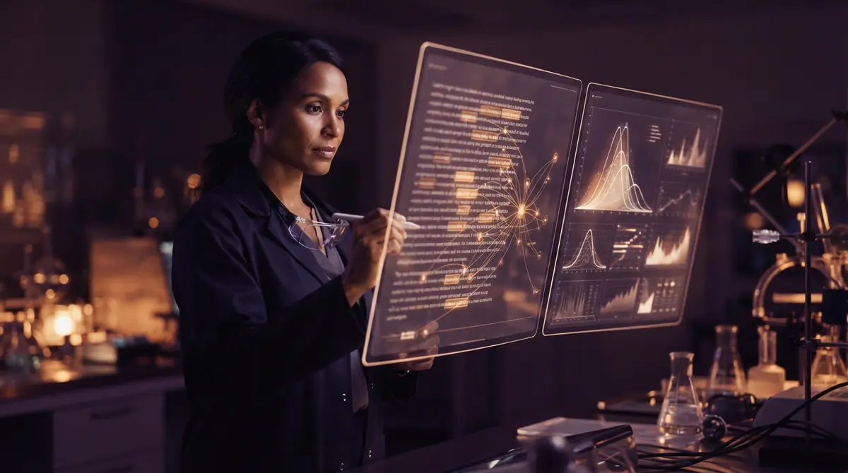 Illustration of a computer scientist analyzing vocabulary probability distributions on a display.