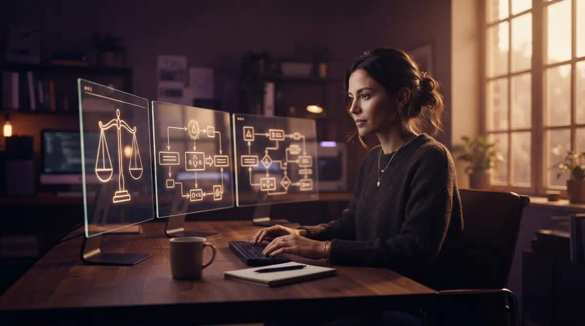 A software researcher reviewing logical flowcharts and decision trees