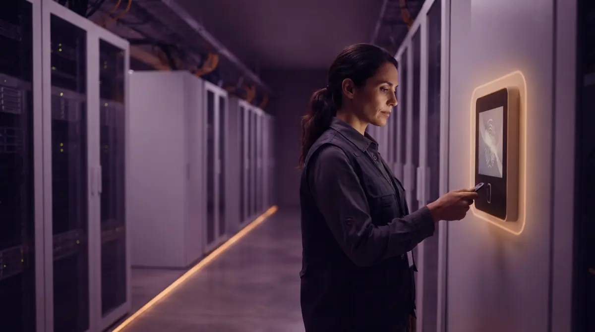 A high-security server corridor with distinct safety perimeter lines