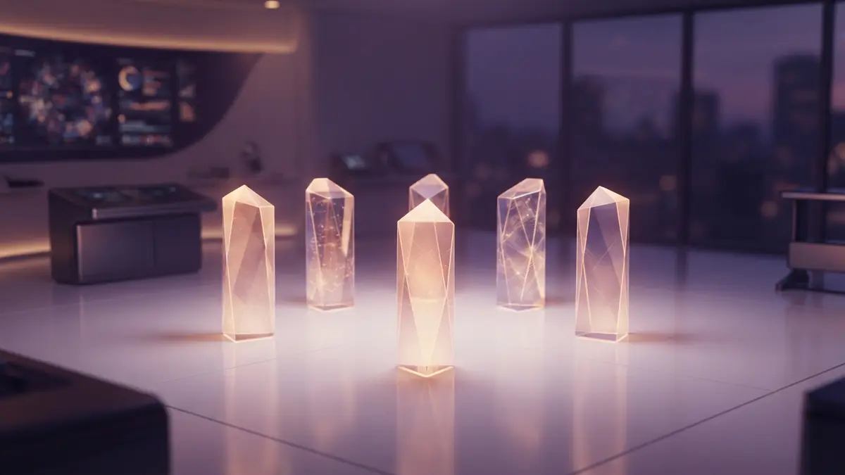 Five glowing geometric pillars standing in a modern research environment