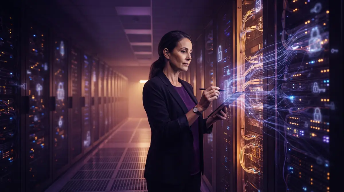 Data center server racks showing digital access and security concepts