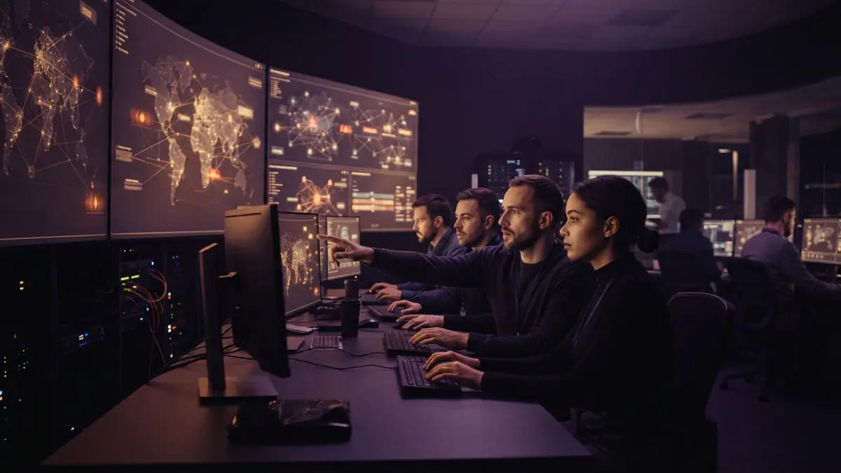 Cybersecurity operations center showing network monitoring maps and alert indicators