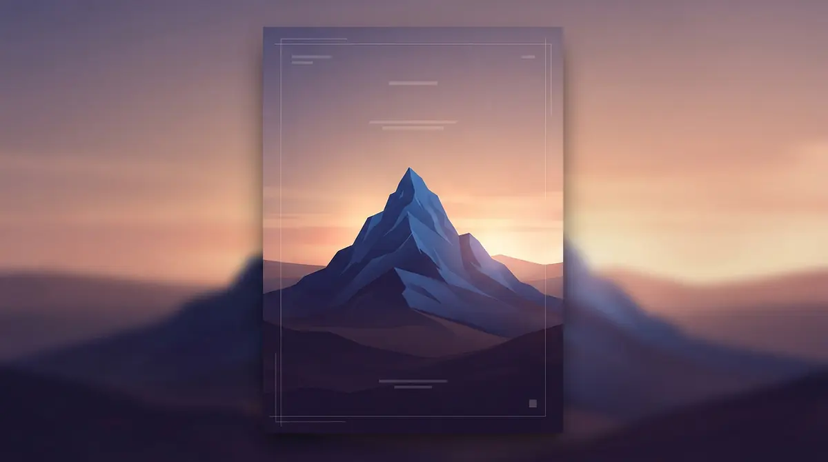 A minimalist travel poster design featuring blue mountain artwork with bounding guide frames.