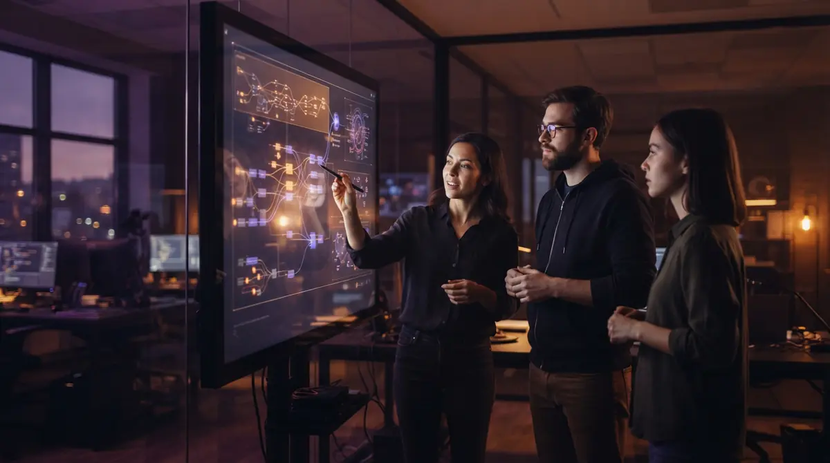 Engineers collaborating over modular software workflow nodes displayed on a monitor.
