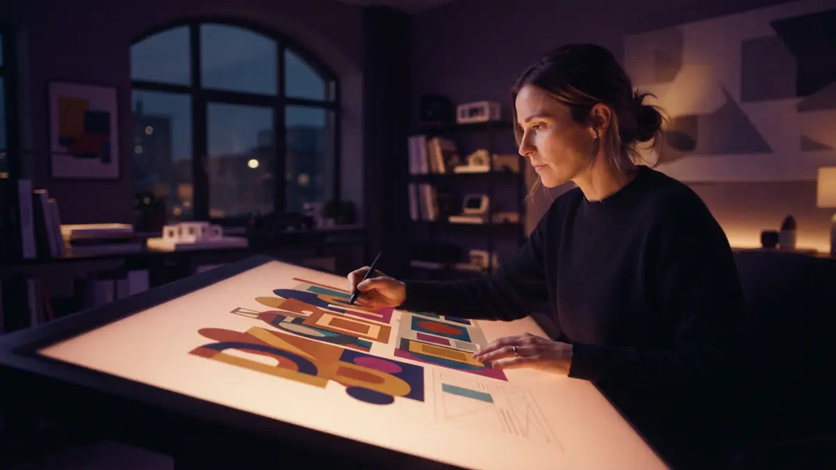A digital designer positioning typography blocks and visual compositions on a glowing drawing board.