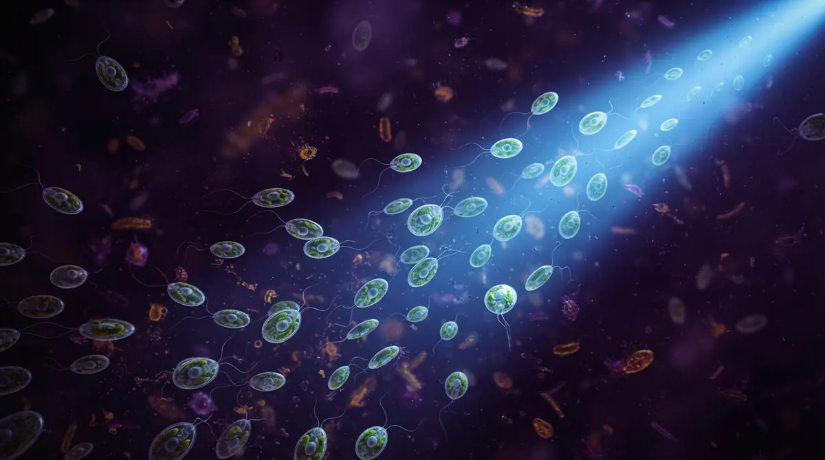 Illustration of single-celled green algae responding to light.