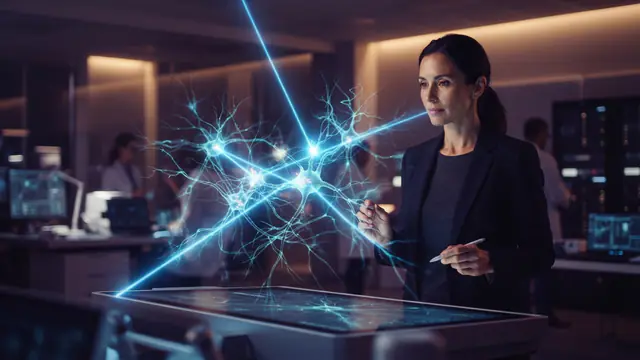 Illustration of blue light beams activating synaptic connections in a neural network.