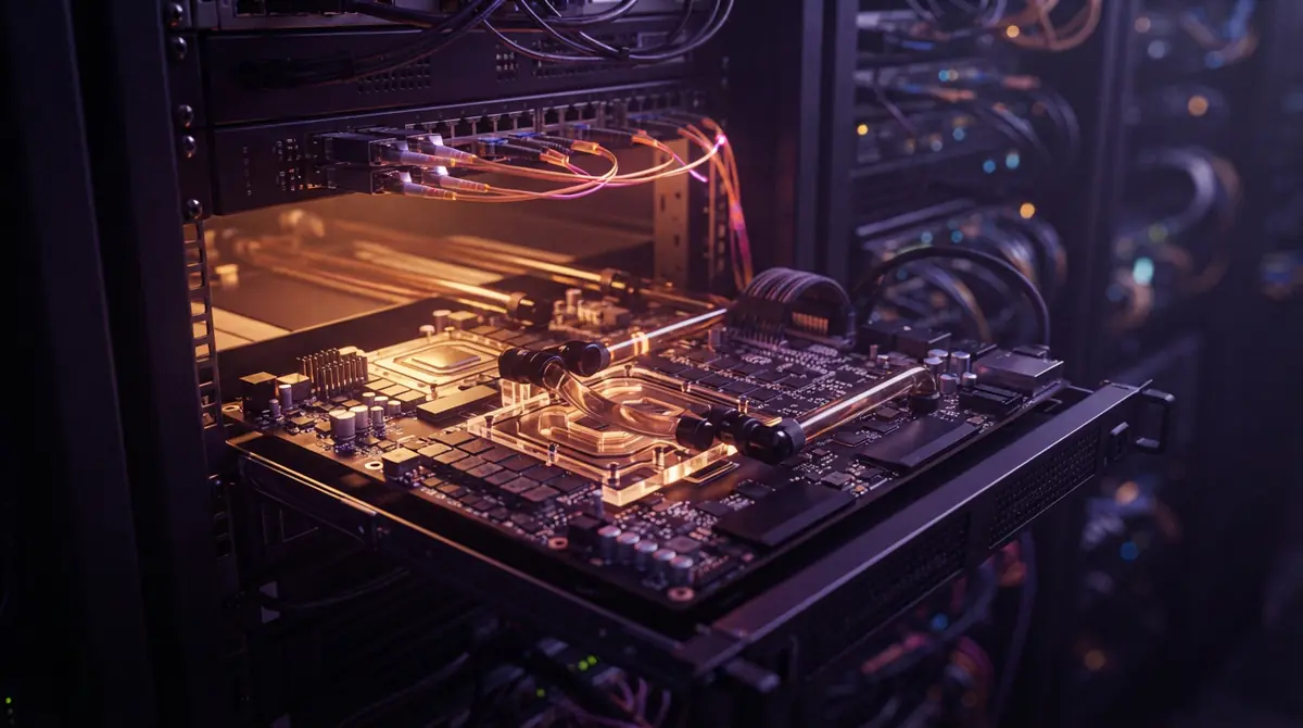 A modular server board featuring custom computing silicon and liquid cooling hardware
