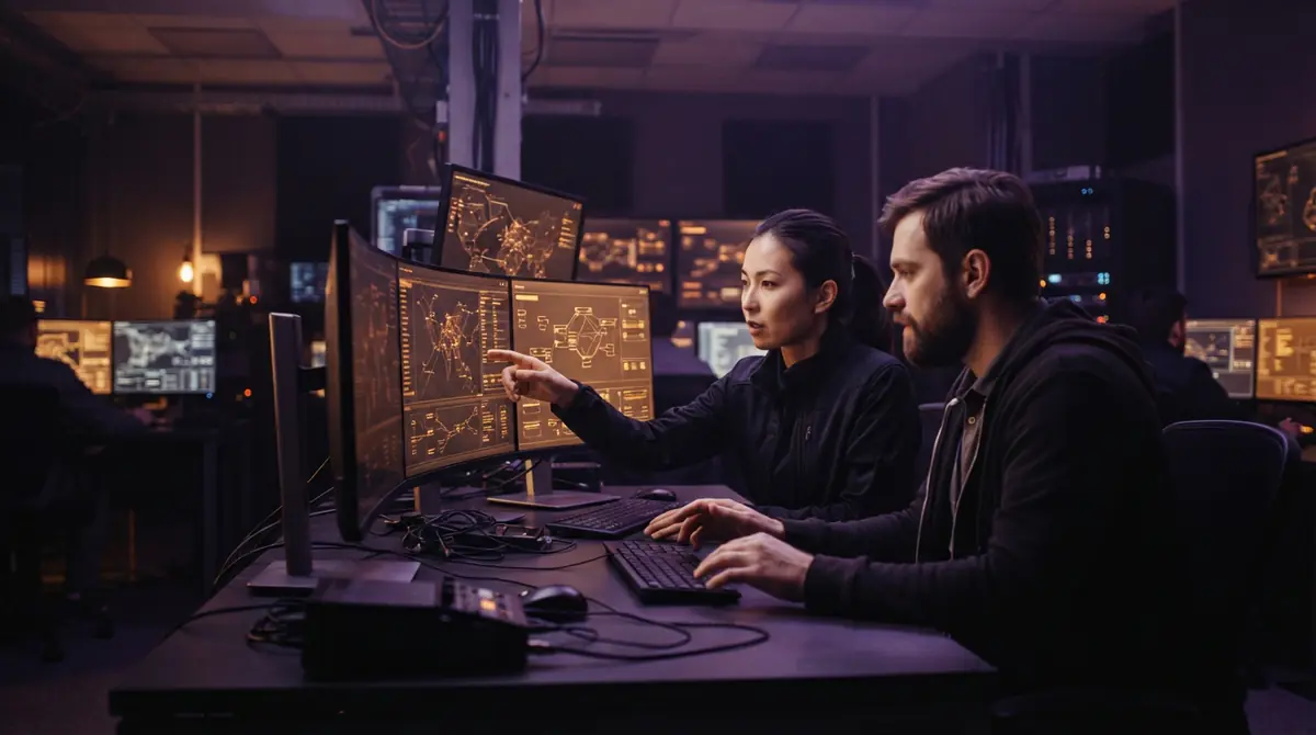 Software engineers collaborating around multi-screen displays showing system architecture schematics