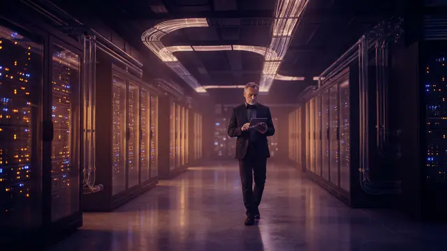 A modern high-density data center room filled with liquid-cooled server racks and optical cabling