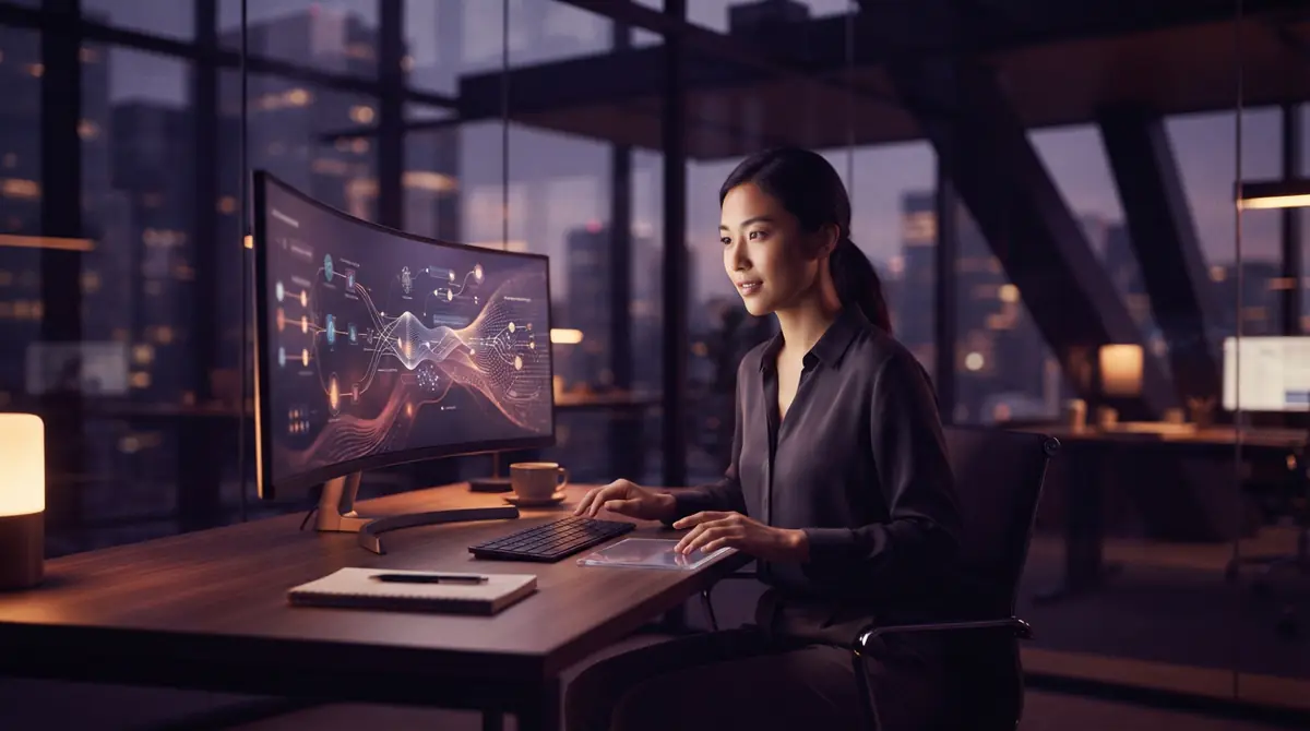An office worker collaborating with AI software tools at a desk.