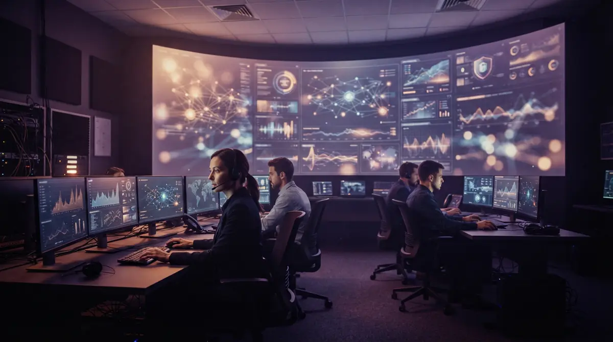 Cybersecurity analysts monitoring infrastructure defense monitors in a security operations center.