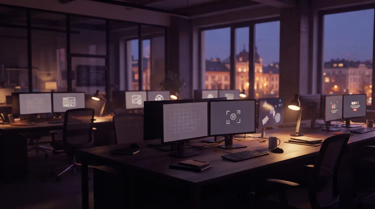 Illustration of darkened office monitors showing scheduled maintenance screens.