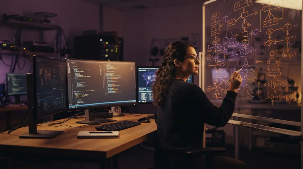 Illustration of a software researcher reviewing code architecture on multiple monitors.