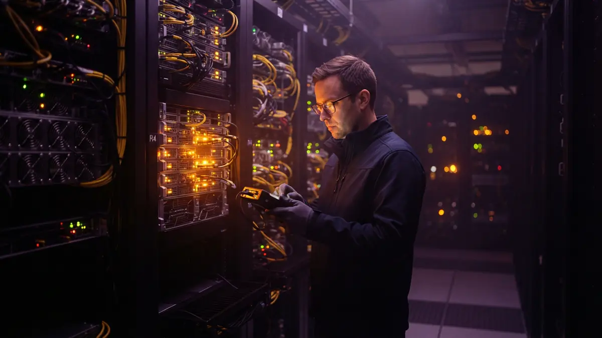 Illustration of a systems administrator working in a server room under amber alert lights.
