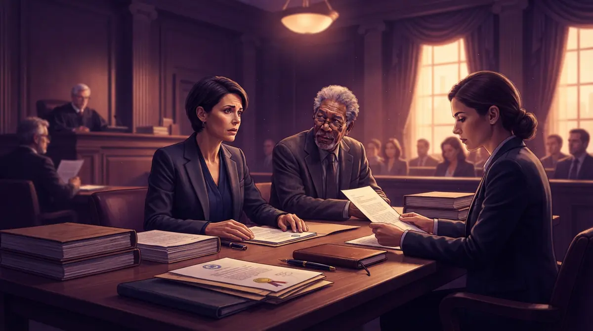 Illustration of a legal setting showing documents and official administrative files representing a federal lawsuit
