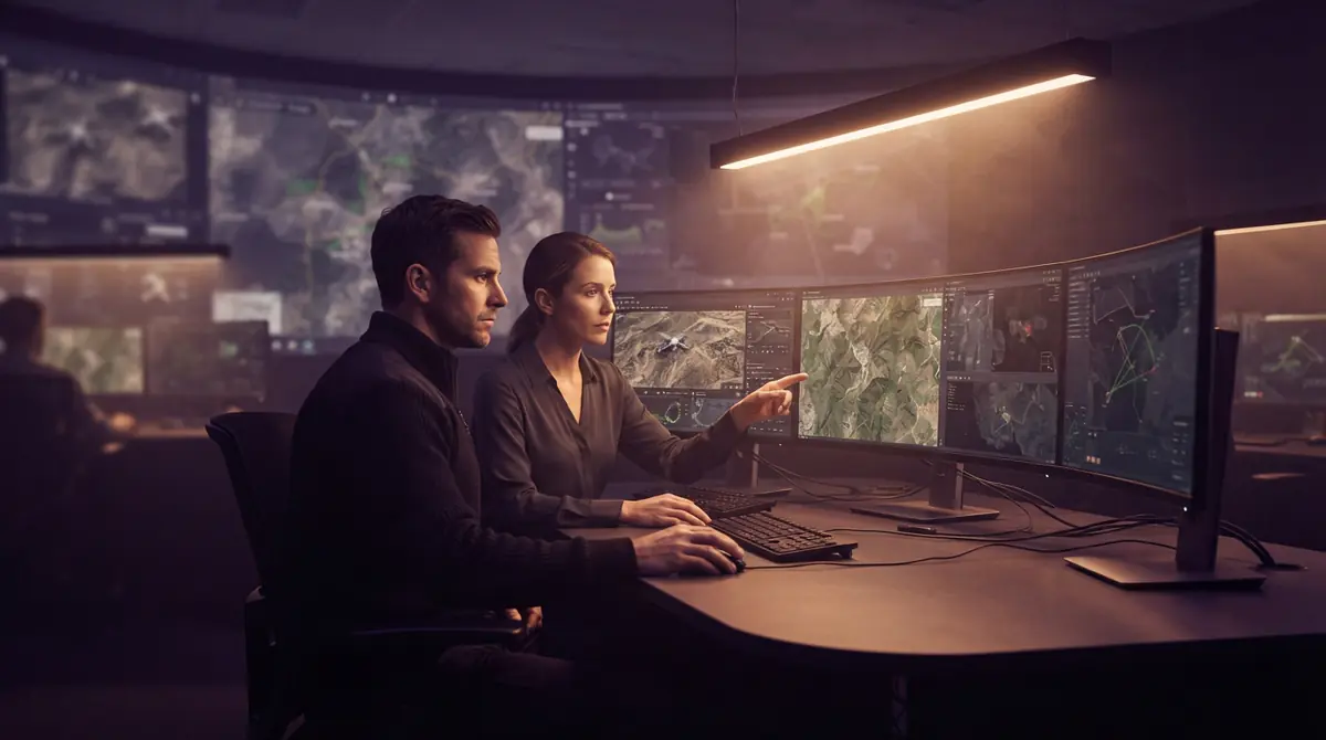 Illustration of an intelligence analysis workstation reviewing aerial imagery and tactical data feeds