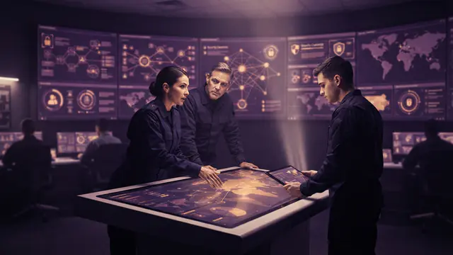 Illustration of military personnel in a modern defense operations room reviewing complex intelligence data systems