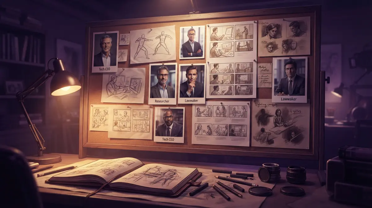 A creative workspace containing photographic references, character sketches, and frame compositions
