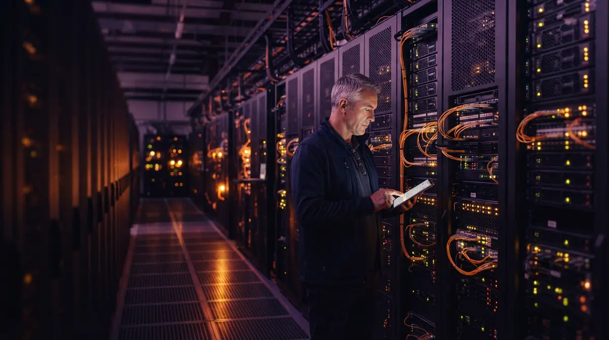 Enterprise hardware racks with fiber-optic cables running heavy computational pipelines in a datacenter