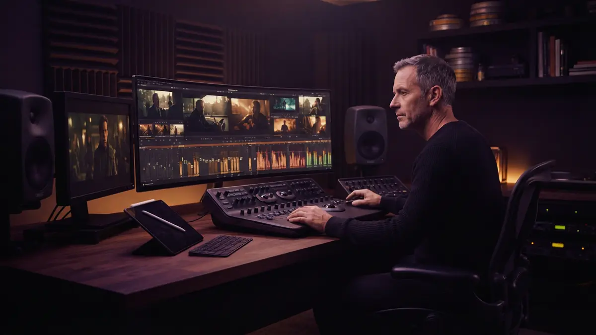 A modern creative studio workstation showing multi-track video timelines and audio meters on widescreen monitors